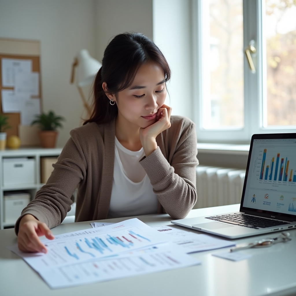 Person reviewing printed energy usage graphs and a laptop chart at a desk