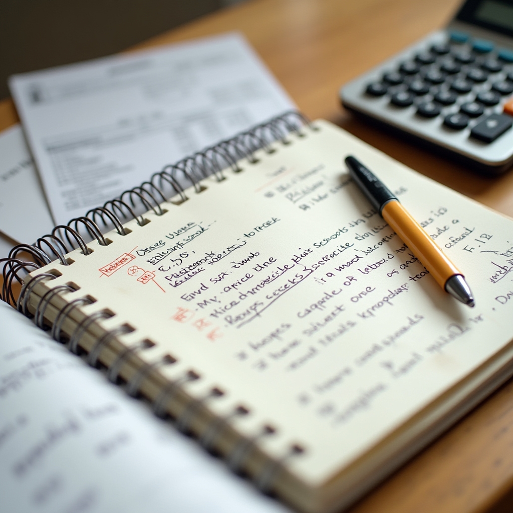 Handwritten notes and a calculator next to a printed electricity bill on a desk