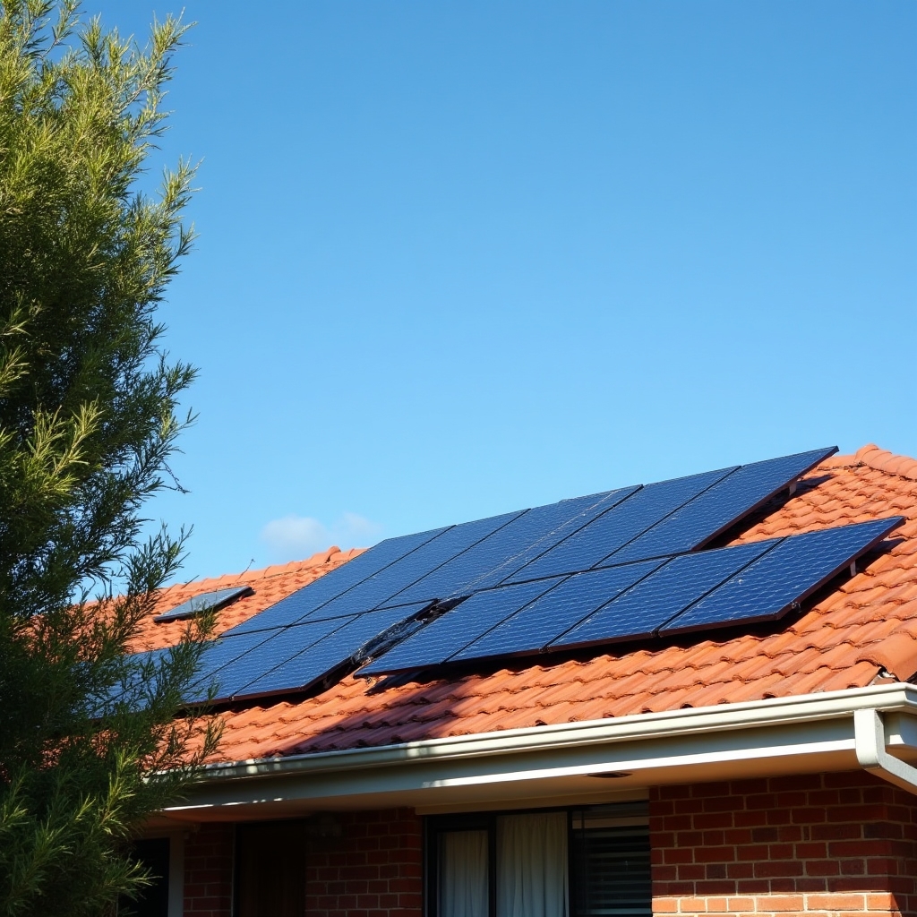 Rooftop solar panels installed on a suburban Adelaide home roof under a clear sky