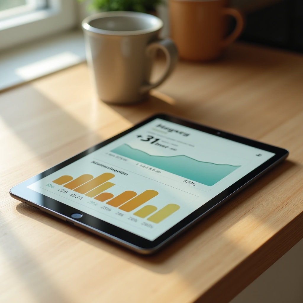 Tablet on a kitchen bench displaying a smart meter energy usage dashboard