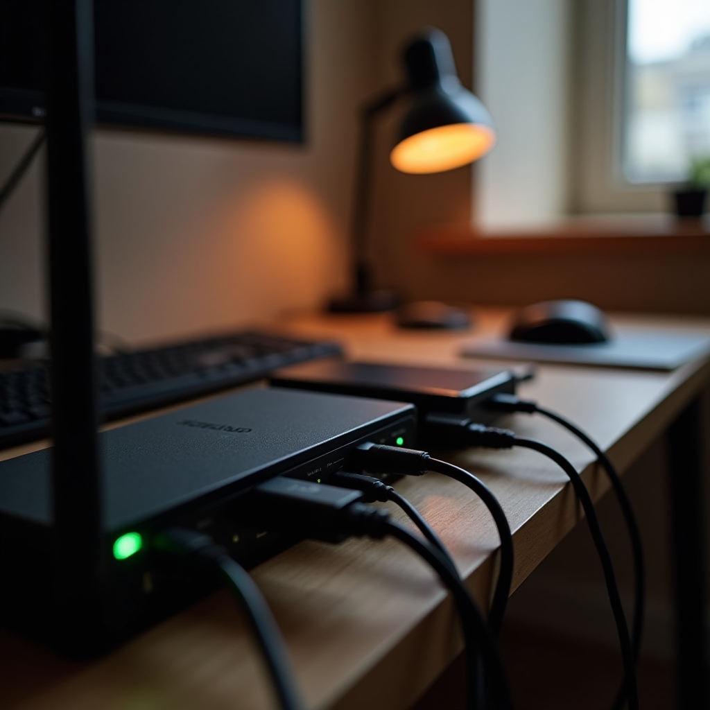 Power strip with several household appliances plugged in and standby lights visible
