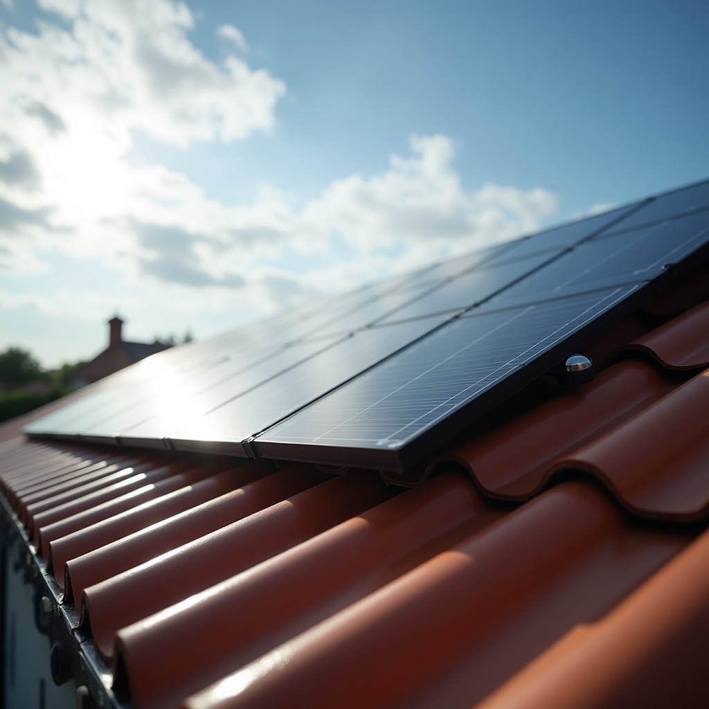 Solar panels mounted on the tiled roof of a suburban Australian house