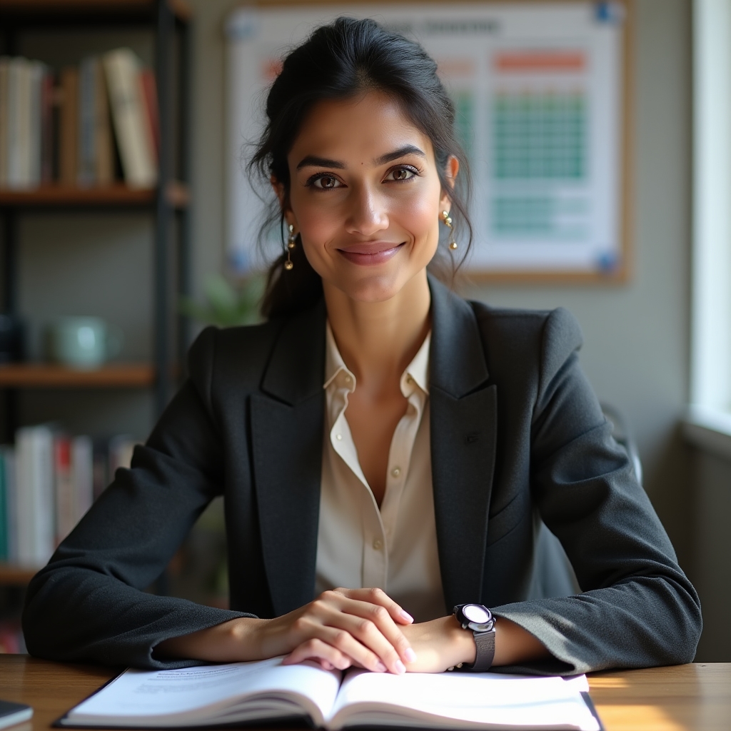 Portrait of a woman in business casual attire at a desk with energy usage charts